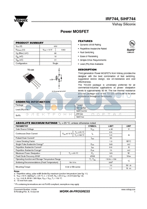 SIHF744 datasheet - Power MOSFET