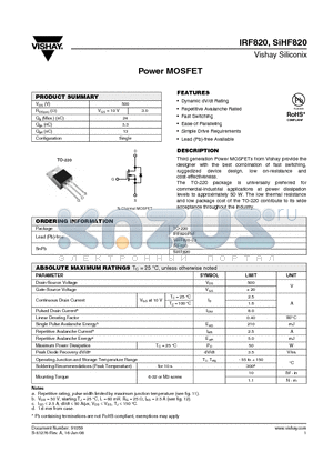 SIHF820 datasheet - Power MOSFET