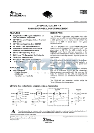 TPS2148 datasheet - 3.3-V LDO AND DUAL SWITCH FOR USB PERIPHERAL POWER MANAGEMENT