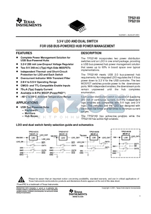 TPS2159IDGN datasheet - 3.3-V LDO AND DUAL SWITCH FOR USB BUS-POWERED HUB POWER MANAGEMENT