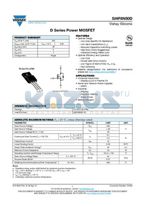 SIHF8N50D datasheet - D Series Power MOSFET