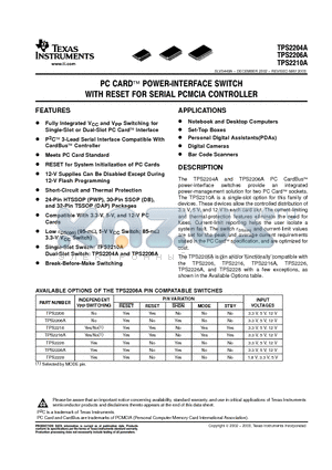 TPS2206ADAP datasheet - PC CARD POWER-INTERFACE SWITCH WITH RESER FOR SERIAL PCMCIA CONTROLLER