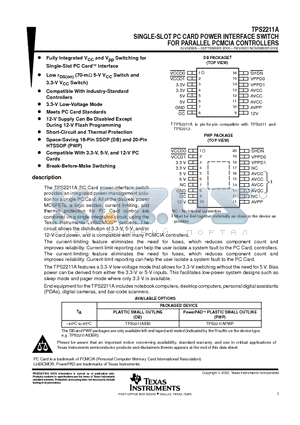 TPS2211AIDBR datasheet - SINGLE-SLOT PC CARD POWER INTERFACE SWITCH FOR PARALLEL PCMCIA CONTROLLERS