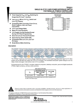 TPS2211 datasheet - SINGLE-SLOT PC CARD POWER INTERFACE SWITCH FOR PARALLEL PCMCIA CONTROLLERS