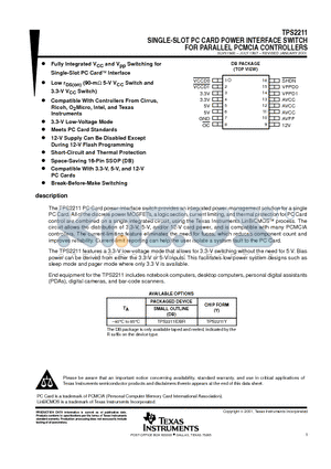 TPS2211IDBLE datasheet - SINGLE-SLOT PC CARD POWER INTERFACE SWITCH FOR PARALLEL PCMCIA CONTROLLERS