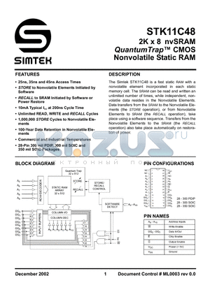 STK11C48 datasheet - 2K x 8 nvSRAM QuantumTrap CMOS Nonvolatile Static RAM