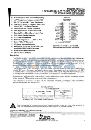 TPS2214ADB datasheet - LOW-COST DUAL-SLOT PC CARD POWER SWITCH FOR SERIAL PCMCIA CONTROLLERS