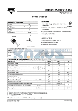 SIHFB13N50A-E3 datasheet - Power MOSFET