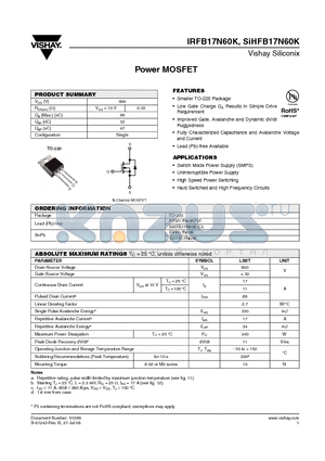 SIHFB17N60K-E3 datasheet - Power MOSFET