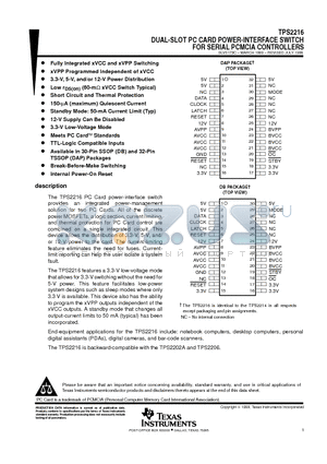 TPS2216DB datasheet - DUAL-SLOT PC CARD POWER-INTERFACE SWITCH FOR SERIAL PCMCIA CONTROLLERS