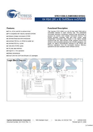 STK11C68-5K45M datasheet - 64 Kbit (8K x 8) SoftStore nvSRAM