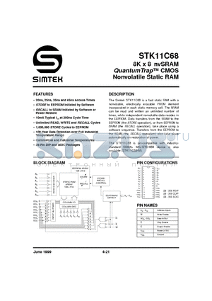 STK11C68-C25 datasheet - 8K x 8 nvSRAM QuantumTrap CMOS Nonvolatile Static RAM