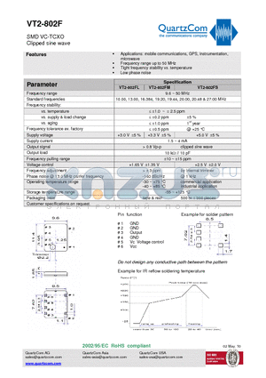 VT2-802FM datasheet - SMD VC-TCXO Clipped sine wave Tight frequency stability vs. temperature