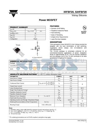 SIHFBF20 datasheet - Power MOSFET