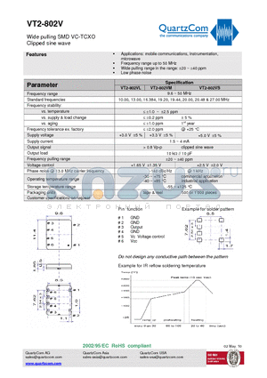 VT2-802V datasheet - Wide pulling SMD VC-TCXO Clipped sine wave Frequency range up to 50 MHz