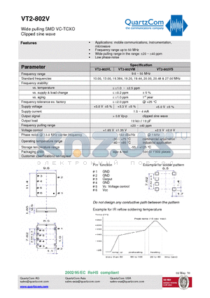 VT2-802VS datasheet - Wide pulling SMD VC-TCXO Clipped sine wave Frequency range up to 50 MHz