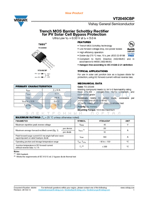 VT2045CBP datasheet - Trench MOS Barrier Schottky Rectifier for PV Solar Cell Bypass Protection