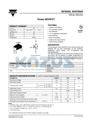 SIHFD024-E3 datasheet - Power MOSFET