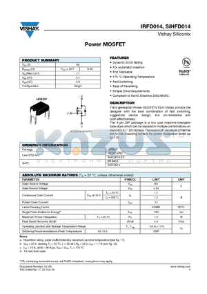 SIHFD014-E3 datasheet - Power MOSFET