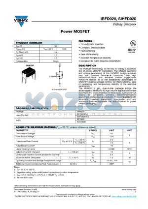 SIHFD020 datasheet - Power MOSFET