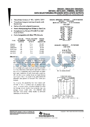 SNJ54LS251J datasheet - DATA SELECTORS/MULTIPLEXERS WTH 3-STATE OUTPUTS