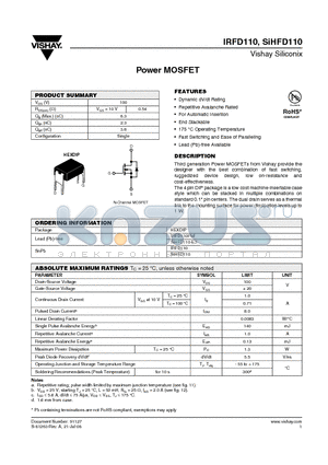 SIHFD110-E3 datasheet - Power MOSFET