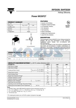 SIHFD220-E3 datasheet - Power MOSFET