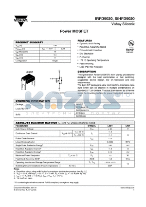 SIHFD9020 datasheet - Power MOSFET