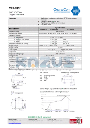 VT3-801FS datasheet - SMD VC-TCXO Clipped sine wave Tight frequency stability vs. temperature