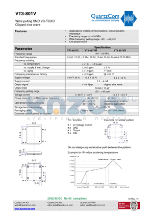VT3-801V datasheet - Wide pulling SMD VC-TCXO Clipped sine wave Frequency range up to 50 MHz
