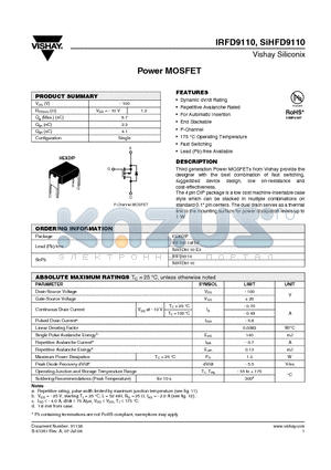 SIHFD9110 datasheet - Power MOSFET