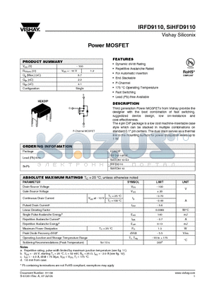 SIHFD9110-E3 datasheet - Power MOSFET