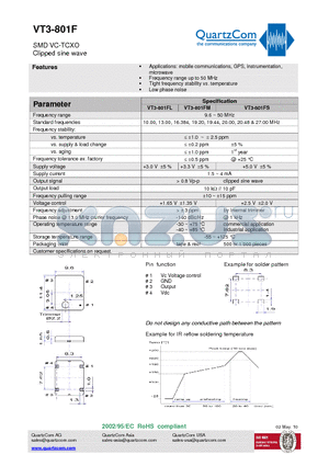 VT3-801F datasheet - SMD VC-TCXO Clipped sine wave Tight frequency stability vs. temperature