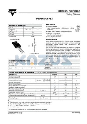 SIHFI820G-E3 datasheet - Power MOSFET