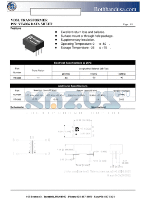 VT4006 datasheet - VDSL TRANSFORMER