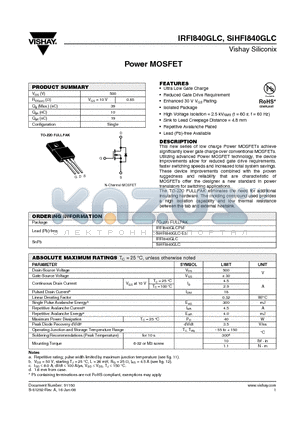 SIHFI840GLC datasheet - Power MOSFET