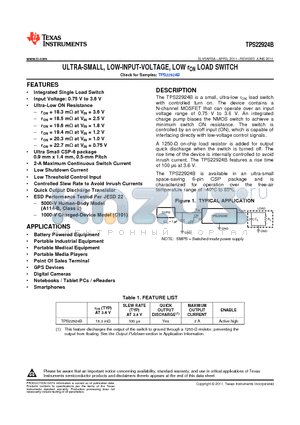 TPS22924BYZT datasheet - ULTRA-SMALL, LOW-INPUT-VOLTAGE, LOW rON LOAD SWITCH