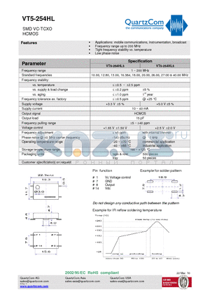 VT5-254HL datasheet - SMD VC-TCXO HCMOS Low phase noise