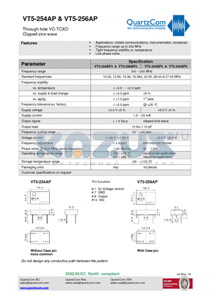 VT5-254AP datasheet - Through hole VC-TCXO Clipped sine wave Low phase noise