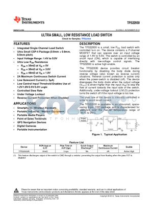 TPS22930 datasheet - ULTRA SMALL, LOW RESISTANCE LOAD SWITCH