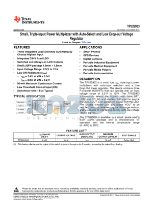 TPS22933ARSET datasheet - Small, Triple-Input Power Multiplexer with Auto-Select and Low Drop-out Voltage Regulator