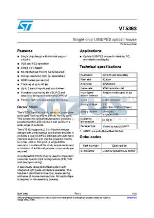 VT5363 datasheet - Single-chip USB/PS2 optical mouse