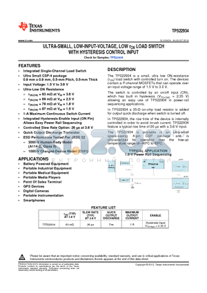 TPS22934YZVR datasheet - ULTRA-SMALL LOW-INPUT-VOLTAGE LOW rON LOAD SWITCH WITH HYSTERESIS CONTROL INPUT