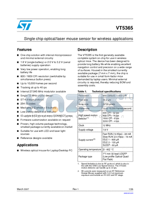 VT5365_07 datasheet - Single chip optical/laser mouse sensor for wireless applications