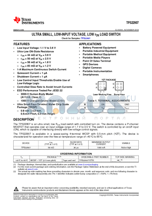 TPS22907YZTR datasheet - ULTRA SMALL, LOW-INPUT VOLTAGE, LOW rON LOAD SWITCH