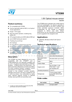 VT5366 datasheet - 1.8V Optical mouse sensor