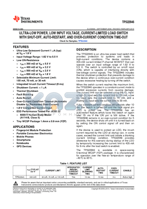 TPS22946YZPR datasheet - ULTRA-LOW POWER, LOW INPUT VOLTAGE, CURRENT-LIMITED LOAD SWITCH WITH SHUT-OFF, AUTO-RESTART, AND OVER-CURRENT CONDITION TIME-OUT