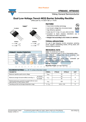 VT6045C datasheet - Dual Low-Voltage Trench MOS Barrier Schottky Rectifier
