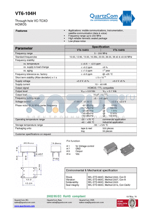 VT6-104H3 datasheet - Through hole VC-TCXO HCMOS High reliable hermetic sealed package