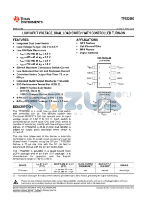 TPS22960DCNR datasheet - LOW INPUT VOLTAGE,DUAL LOAD SWITCH WITH CONTROLLED TURN-ON